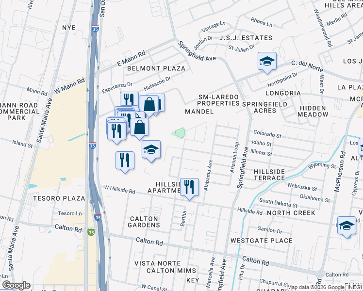 map of restaurants, bars, coffee shops, grocery stores, and more near 327 West Maple Loop in Laredo