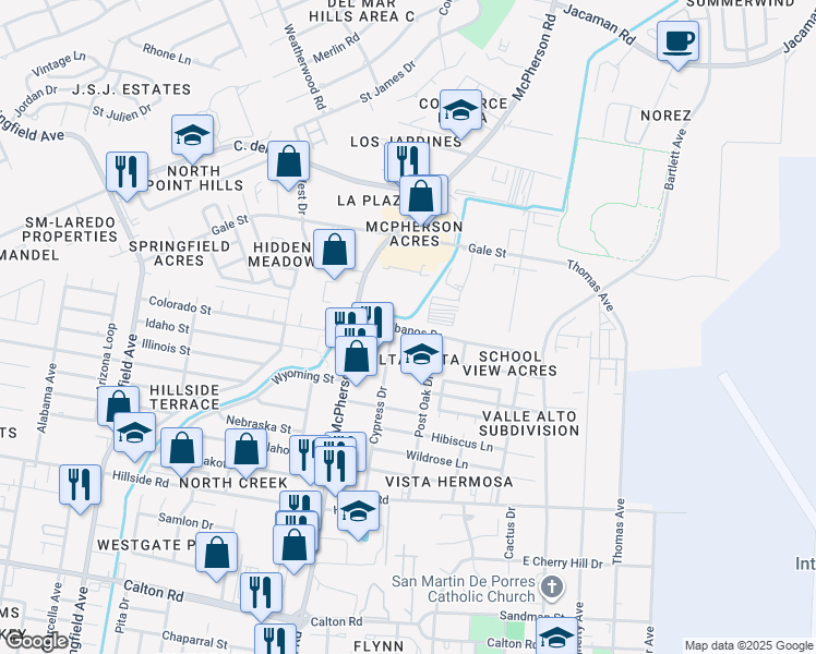 map of restaurants, bars, coffee shops, grocery stores, and more near 5701-5899 Cypress Drive in Laredo