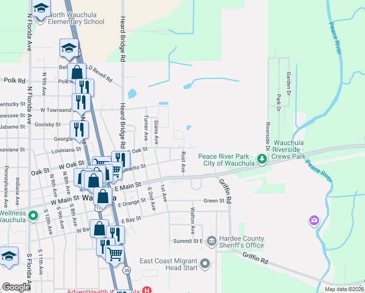map of restaurants, bars, coffee shops, grocery stores, and more near 202 Rust Avenue in Wauchula