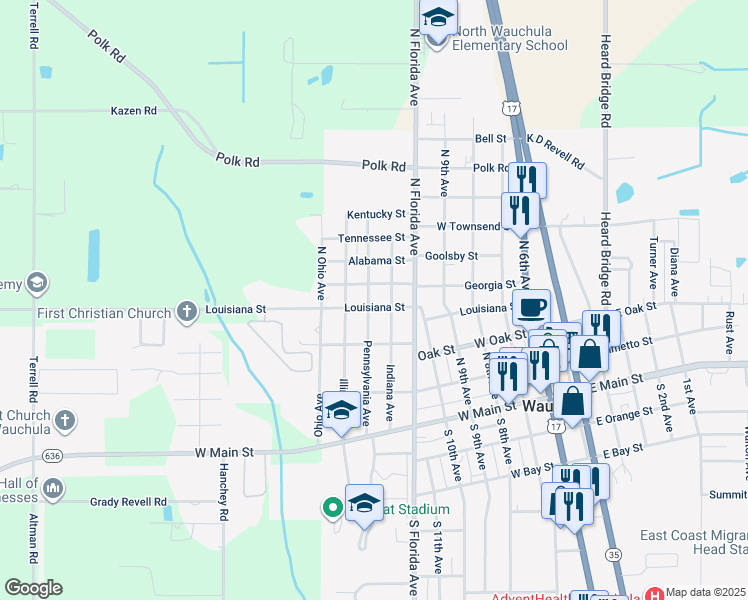 map of restaurants, bars, coffee shops, grocery stores, and more near 708 Louisiana Street in Wauchula