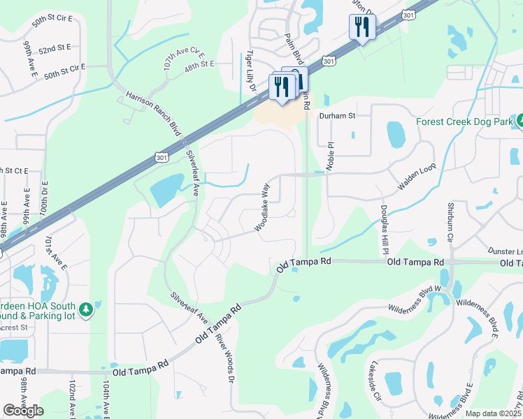 map of restaurants, bars, coffee shops, grocery stores, and more near 4119 Pine Meadow Drive in Parrish