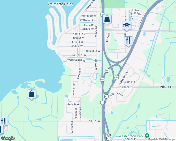 map of restaurants, bars, coffee shops, grocery stores, and more near 411 42nd Street Court West in Palmetto