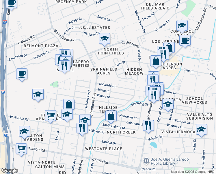 map of restaurants, bars, coffee shops, grocery stores, and more near 112 Hawaii Circle in Laredo