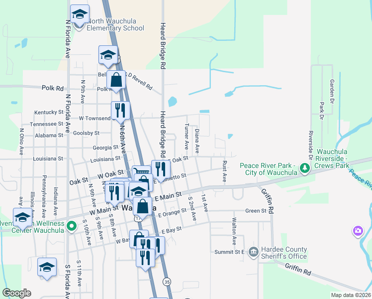 map of restaurants, bars, coffee shops, grocery stores, and more near in Wauchula