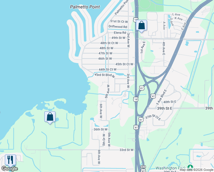 map of restaurants, bars, coffee shops, grocery stores, and more near 4215 5th Avenue West in Palmetto
