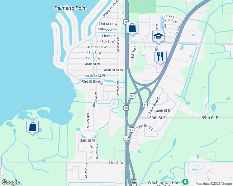 map of restaurants, bars, coffee shops, grocery stores, and more near 303 42nd Street Court West in Palmetto