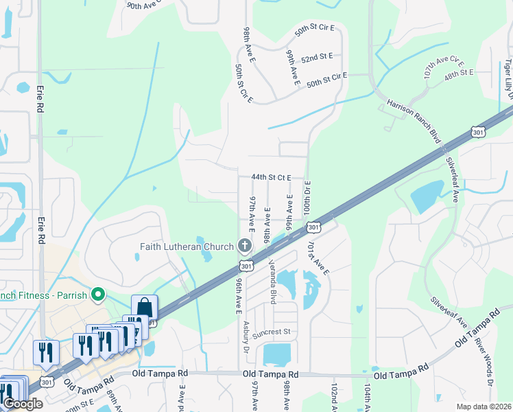map of restaurants, bars, coffee shops, grocery stores, and more near 4212 97th Avenue East in Parrish