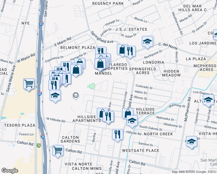 map of restaurants, bars, coffee shops, grocery stores, and more near 105 Primrose Lane in Laredo