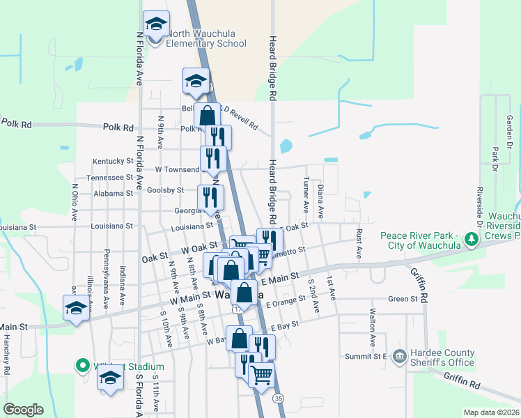 map of restaurants, bars, coffee shops, grocery stores, and more near 322 North 4th Avenue in Wauchula