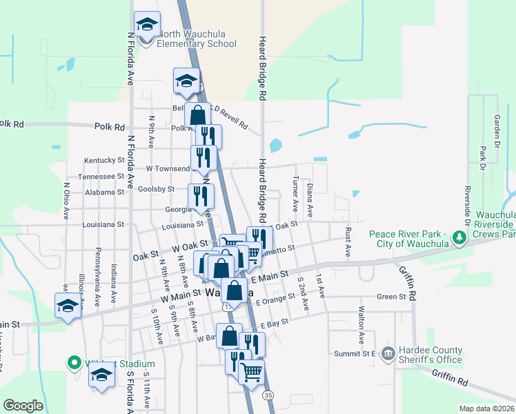 map of restaurants, bars, coffee shops, grocery stores, and more near 322 North 4th Avenue in Wauchula
