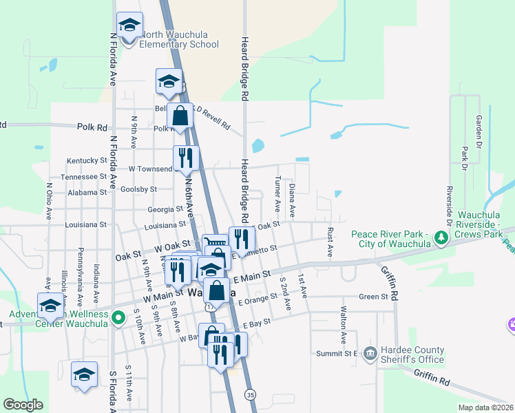 map of restaurants, bars, coffee shops, grocery stores, and more near 321 Shelton Avenue in Wauchula