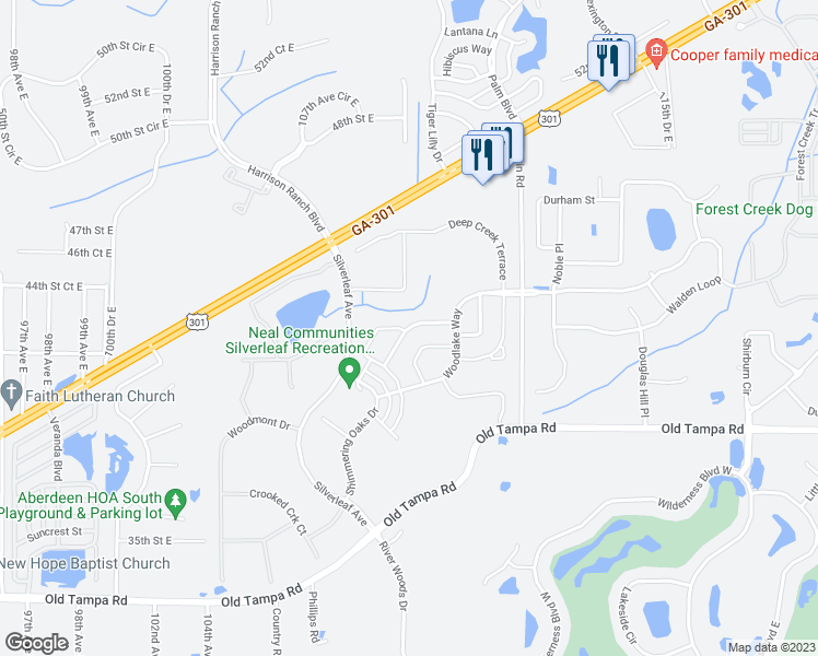 map of restaurants, bars, coffee shops, grocery stores, and more near Blue Magnolia Lane in Manatee County