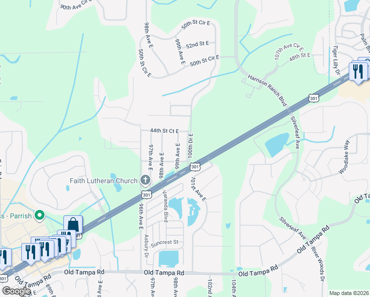 map of restaurants, bars, coffee shops, grocery stores, and more near 4303 100th Avenue East in Parrish