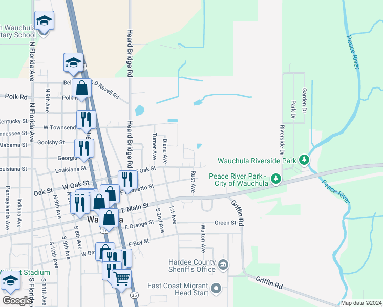 map of restaurants, bars, coffee shops, grocery stores, and more near 311 River Chase Circle in Wauchula