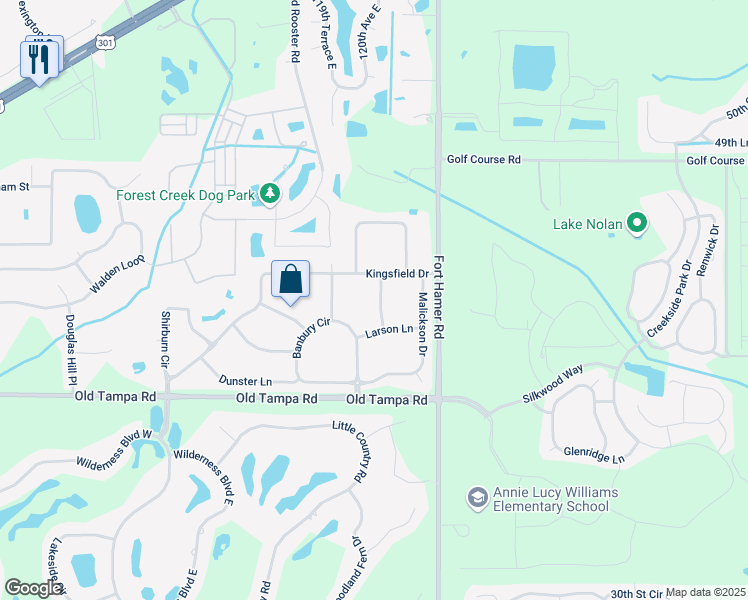 map of restaurants, bars, coffee shops, grocery stores, and more near 4219 Donnington Drive in Parrish