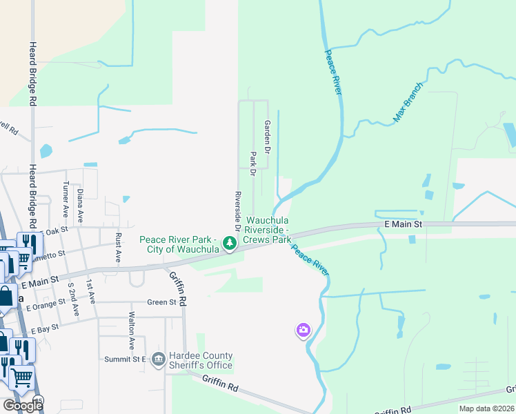 map of restaurants, bars, coffee shops, grocery stores, and more near 208 Park Drive in Wauchula