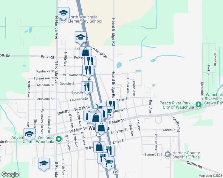 map of restaurants, bars, coffee shops, grocery stores, and more near 322 North 4th Avenue in Wauchula