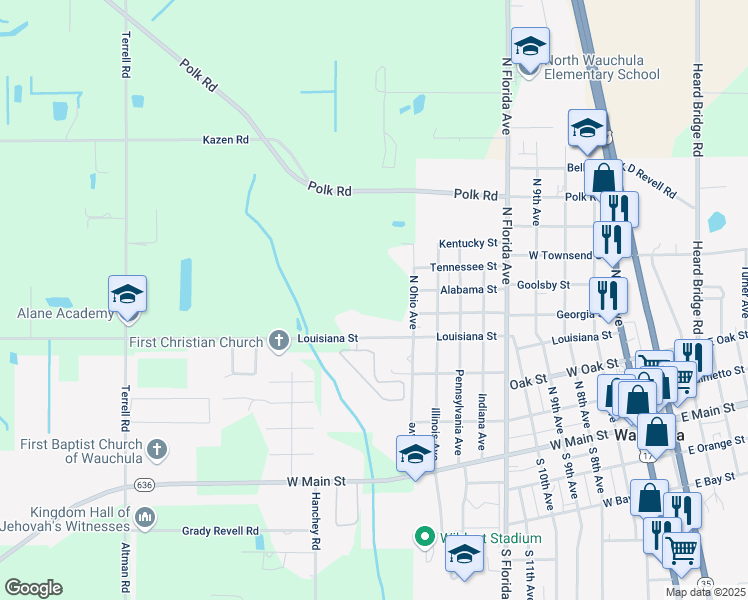 map of restaurants, bars, coffee shops, grocery stores, and more near 1004 Louisiana Street in Wauchula