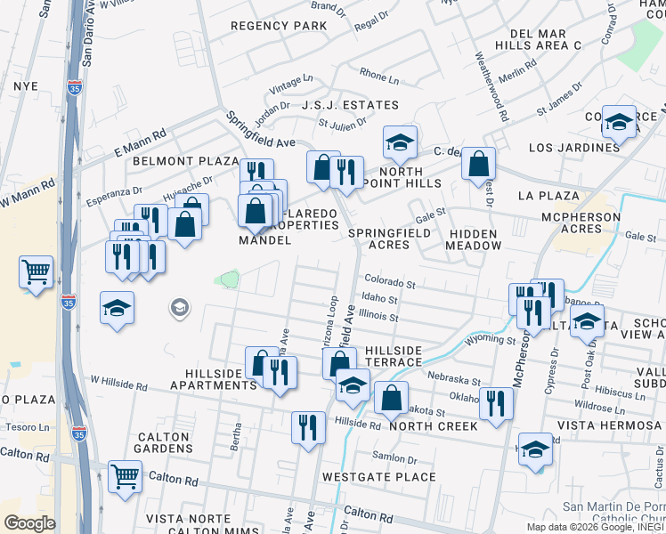 map of restaurants, bars, coffee shops, grocery stores, and more near 159 Arizona Loop in Laredo