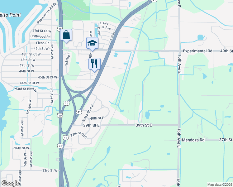 map of restaurants, bars, coffee shops, grocery stores, and more near 709 45th Street East in Palmetto