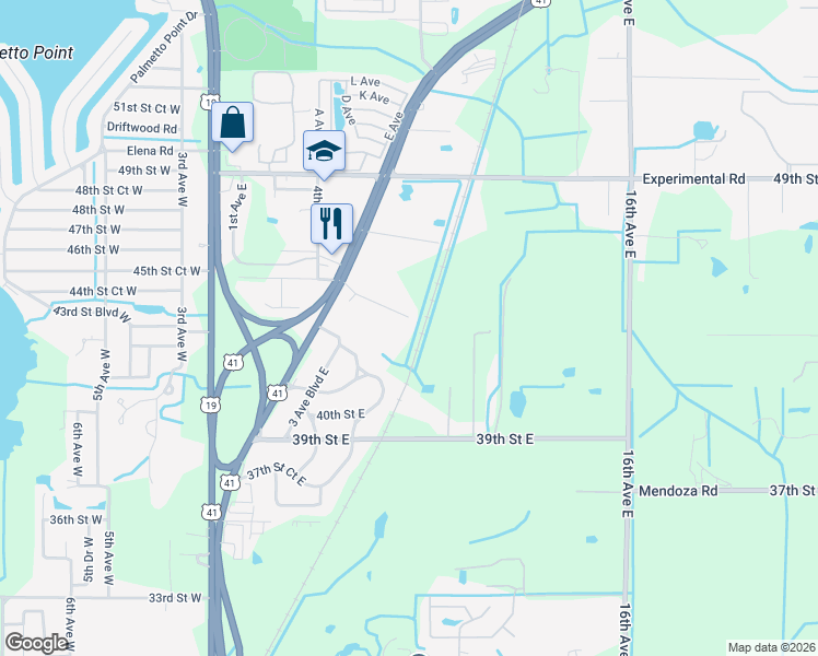 map of restaurants, bars, coffee shops, grocery stores, and more near 709 45th Street East in Palmetto