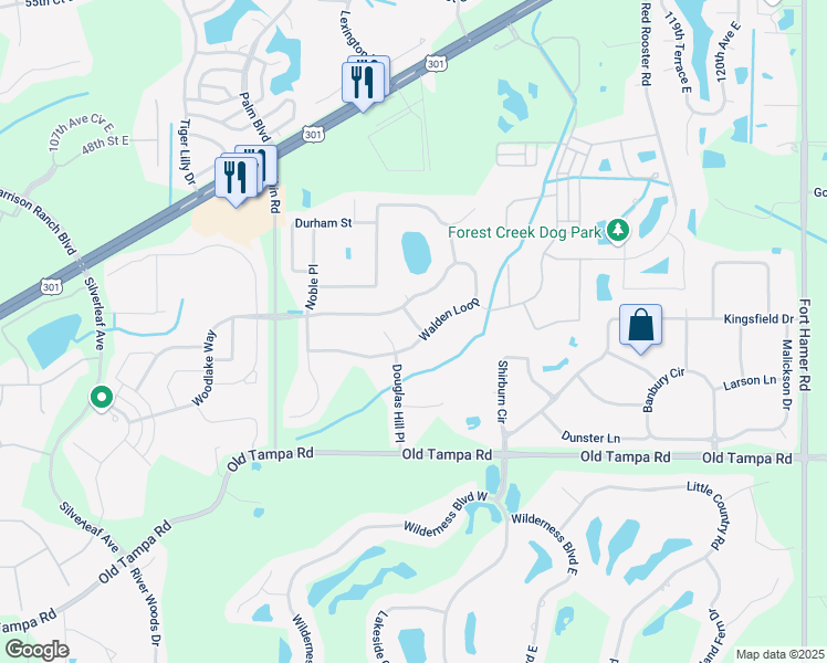 map of restaurants, bars, coffee shops, grocery stores, and more near 11510 Walden Loop in Parrish