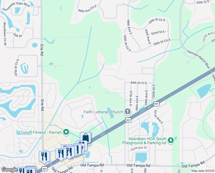 map of restaurants, bars, coffee shops, grocery stores, and more near 4301 96th Avenue East in Parrish