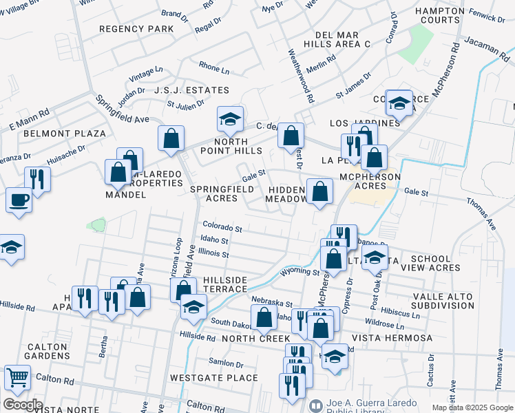 map of restaurants, bars, coffee shops, grocery stores, and more near 302 Hidden Lane in Laredo
