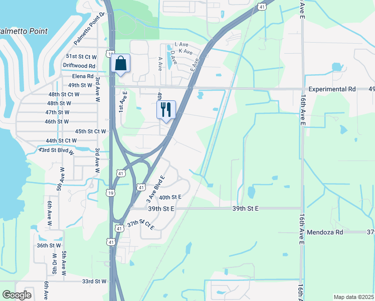 map of restaurants, bars, coffee shops, grocery stores, and more near 515 45th Street East in Palmetto
