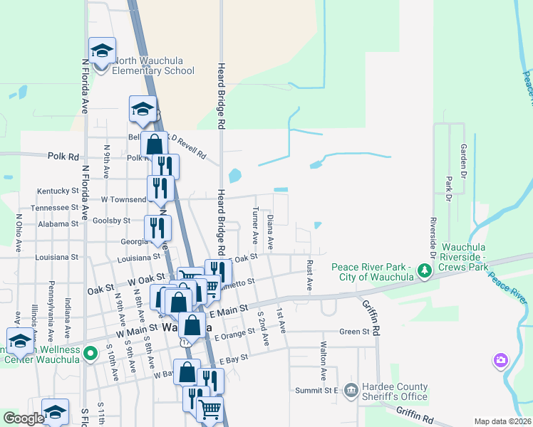 map of restaurants, bars, coffee shops, grocery stores, and more near 340 Turner Avenue in Wauchula