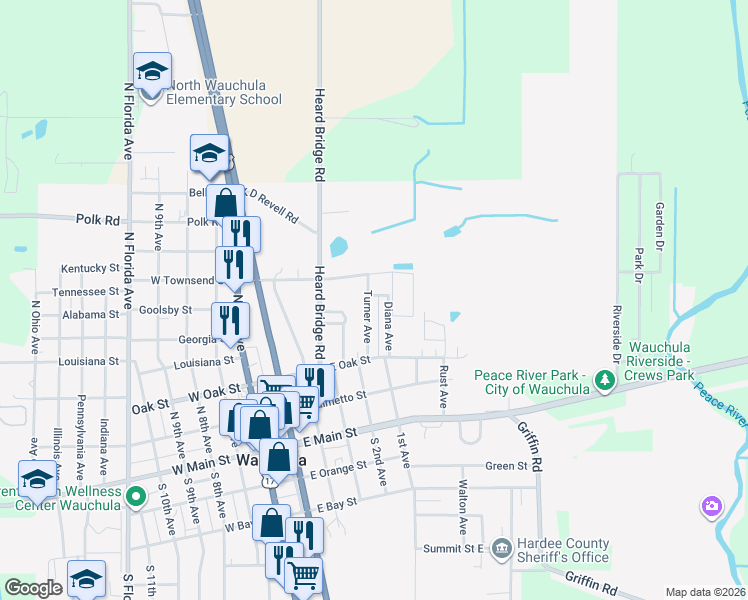 map of restaurants, bars, coffee shops, grocery stores, and more near 340 Turner Avenue in Wauchula