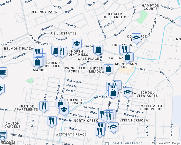 map of restaurants, bars, coffee shops, grocery stores, and more near 111 Baycliff Lane in Laredo