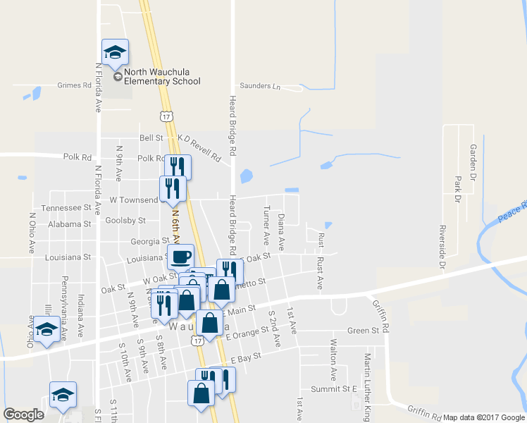 map of restaurants, bars, coffee shops, grocery stores, and more near 341 Turner Avenue in Wauchula