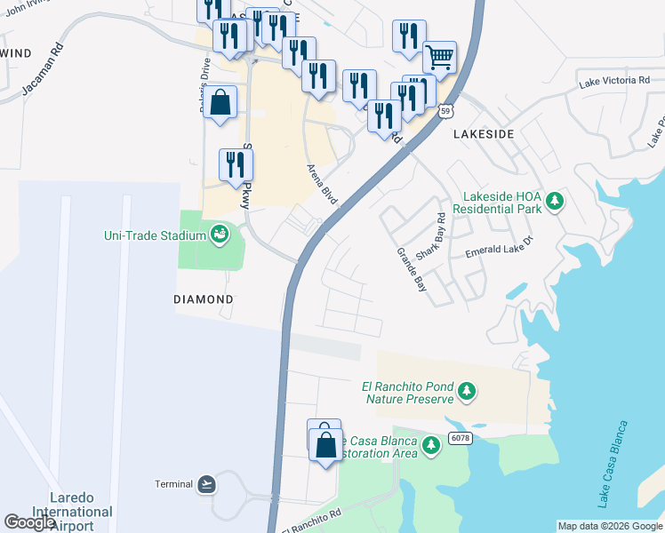 map of restaurants, bars, coffee shops, grocery stores, and more near 6302 Ramin Court in Laredo