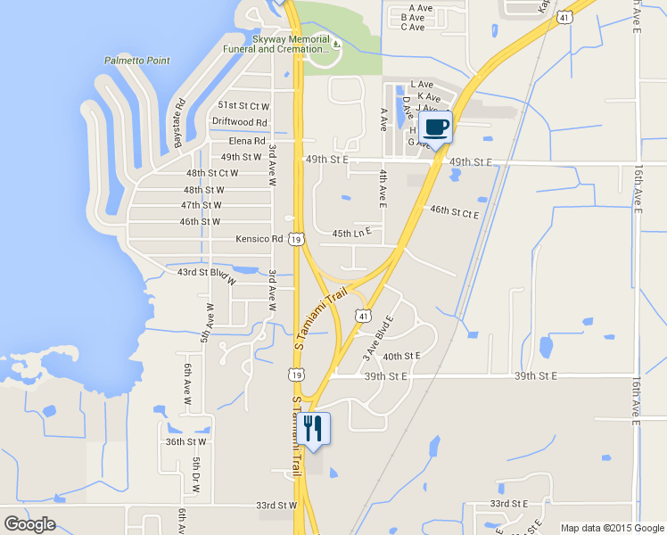 map of restaurants, bars, coffee shops, grocery stores, and more near 107 44th Court East in Palmetto