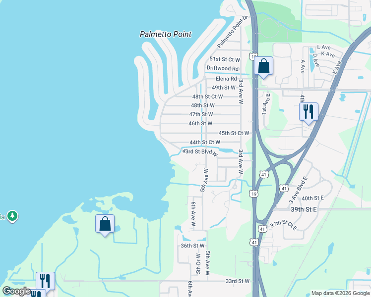map of restaurants, bars, coffee shops, grocery stores, and more near 620 43rd Street Boulevard West in Palmetto