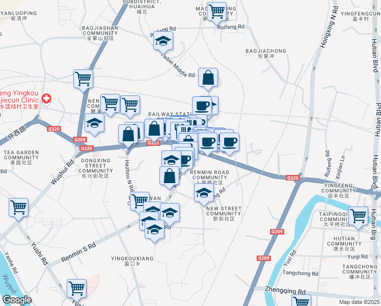 map of restaurants, bars, coffee shops, grocery stores, and more near Ying Feng Xi Lu in Huai Hua Shi