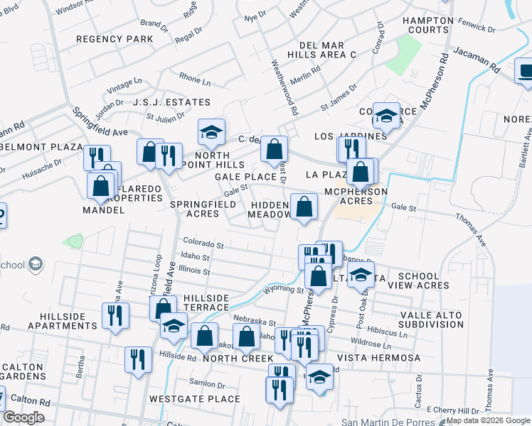 map of restaurants, bars, coffee shops, grocery stores, and more near 104 Windrift Lane in Laredo
