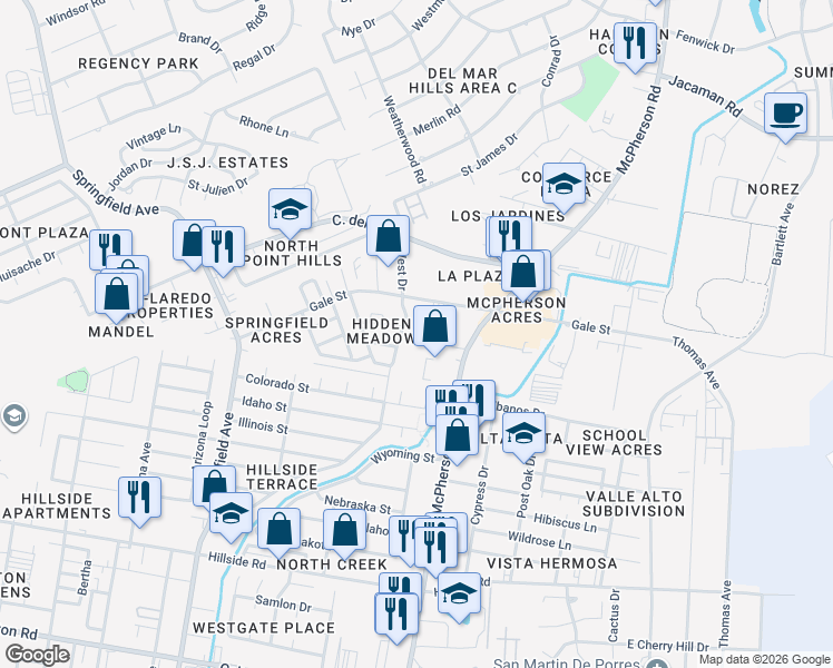 map of restaurants, bars, coffee shops, grocery stores, and more near 602 Amistad Drive in Laredo