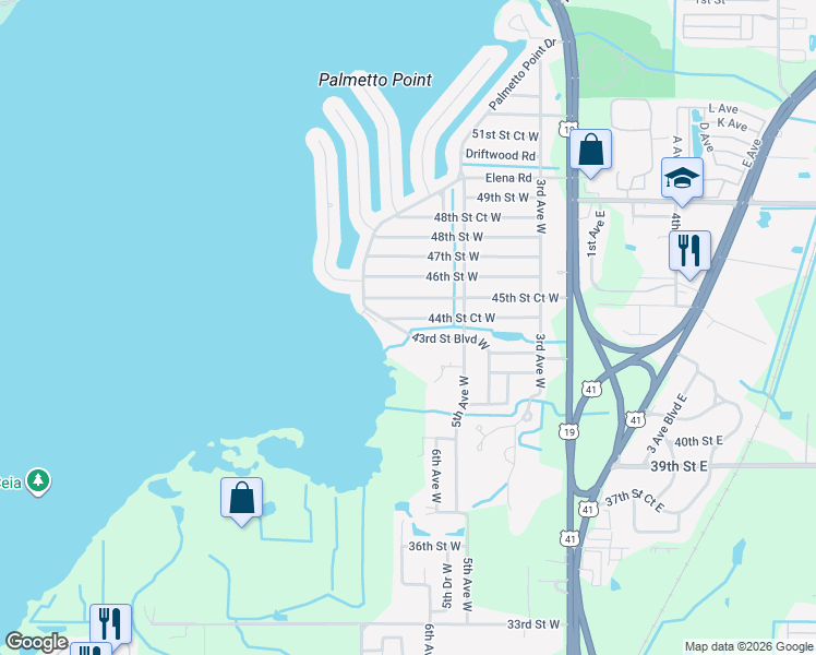 map of restaurants, bars, coffee shops, grocery stores, and more near 620 43rd Street Boulevard West in Palmetto
