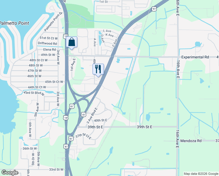 map of restaurants, bars, coffee shops, grocery stores, and more near 520 45th Street East in Palmetto