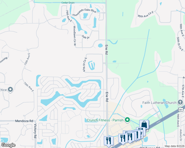 map of restaurants, bars, coffee shops, grocery stores, and more near 8372 47th Street Circle East in Palmetto