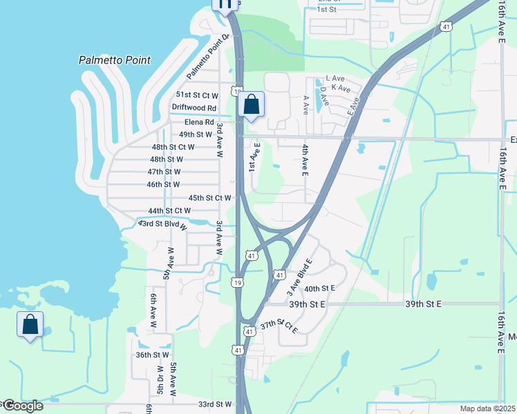 map of restaurants, bars, coffee shops, grocery stores, and more near 107 44th Court East in Palmetto
