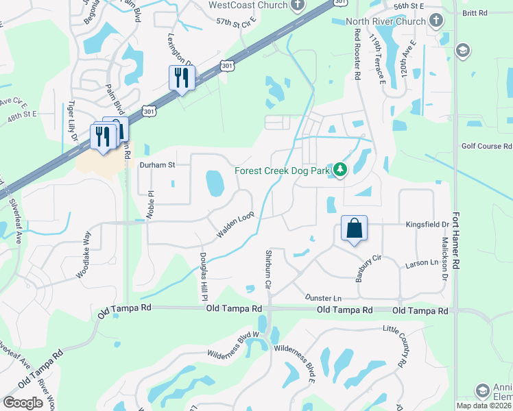 map of restaurants, bars, coffee shops, grocery stores, and more near 11454 Walden Loop in Parrish