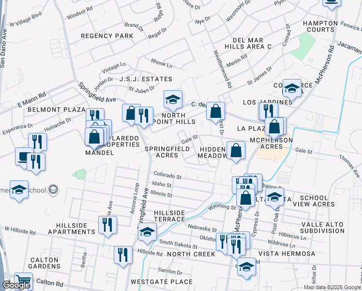 map of restaurants, bars, coffee shops, grocery stores, and more near 5831 Longoria Loop in Laredo