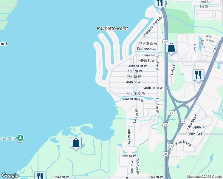 map of restaurants, bars, coffee shops, grocery stores, and more near 744 43rd Street Boulevard West in Palmetto