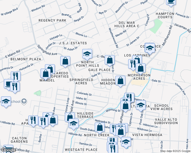 map of restaurants, bars, coffee shops, grocery stores, and more near 5802 Gale Court in Laredo