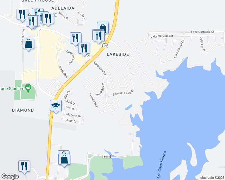 map of restaurants, bars, coffee shops, grocery stores, and more near 425 Baffin Bay Drive in Laredo