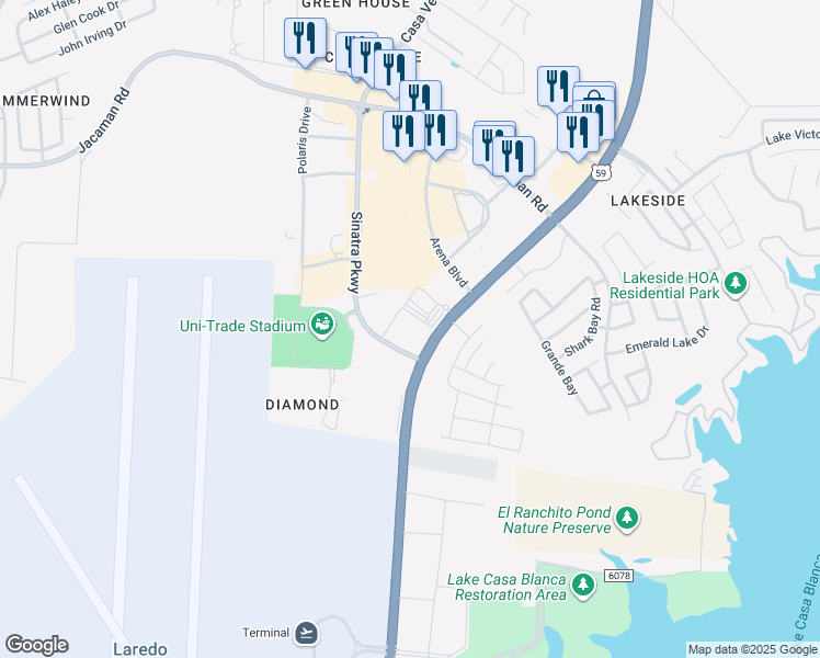 map of restaurants, bars, coffee shops, grocery stores, and more near 6311 San Dario Avenue in Laredo