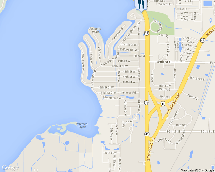 map of restaurants, bars, coffee shops, grocery stores, and more near 616 45th Street Court West in Palmetto